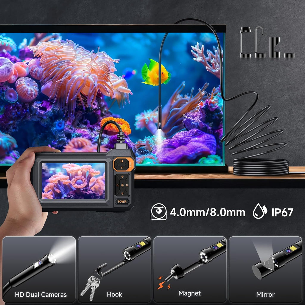 dual lens endoscope camera with light, 4.3" 1080p showing dimensions