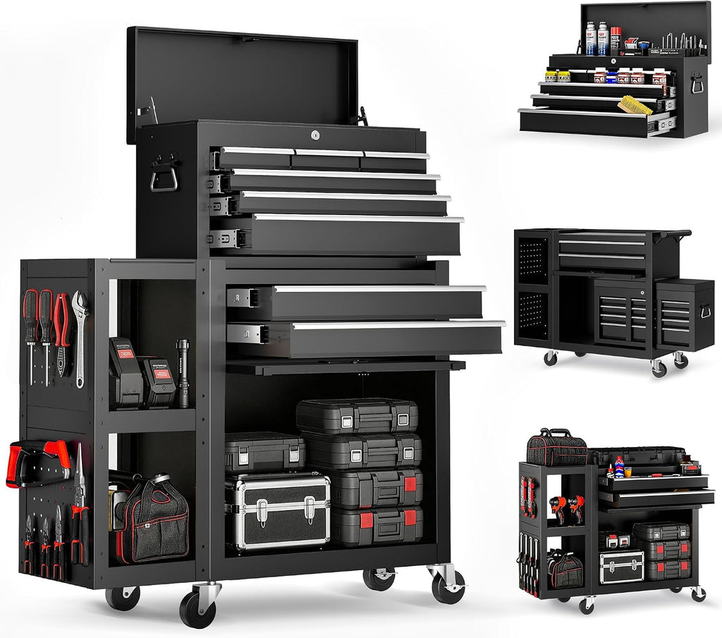8-Drawer Rolling Tool Chest,3-in-1 Tool Box on Wheels with Lockable Steel Cabinet, Detachable Top Toolbox & Bottom Storage Cart with Additional Cabinet for Repair Room,Warehouse, Black New