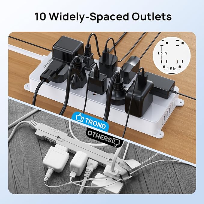 TROND Surge Protector Power Strip, Flat Plug 15ft Long Extension Cord, 10