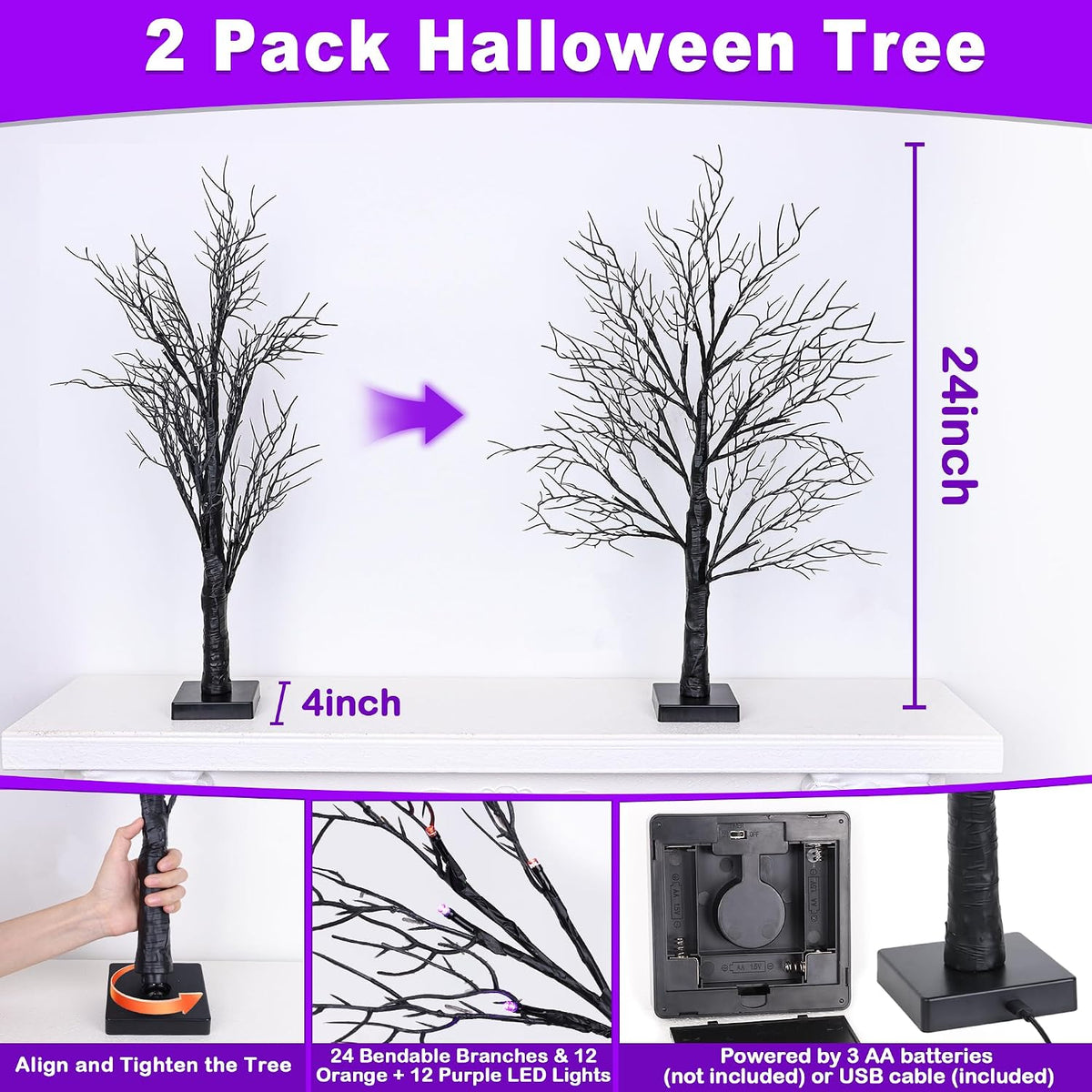 Halloween Decorations Indoor 2 Pack 24 Inch Black Halloween Tree with 48 Orange & Purple Lights, USB or Battery Operated Halloween Table Decorations Lighted Tabletop Spooky Tree Home Decor Office