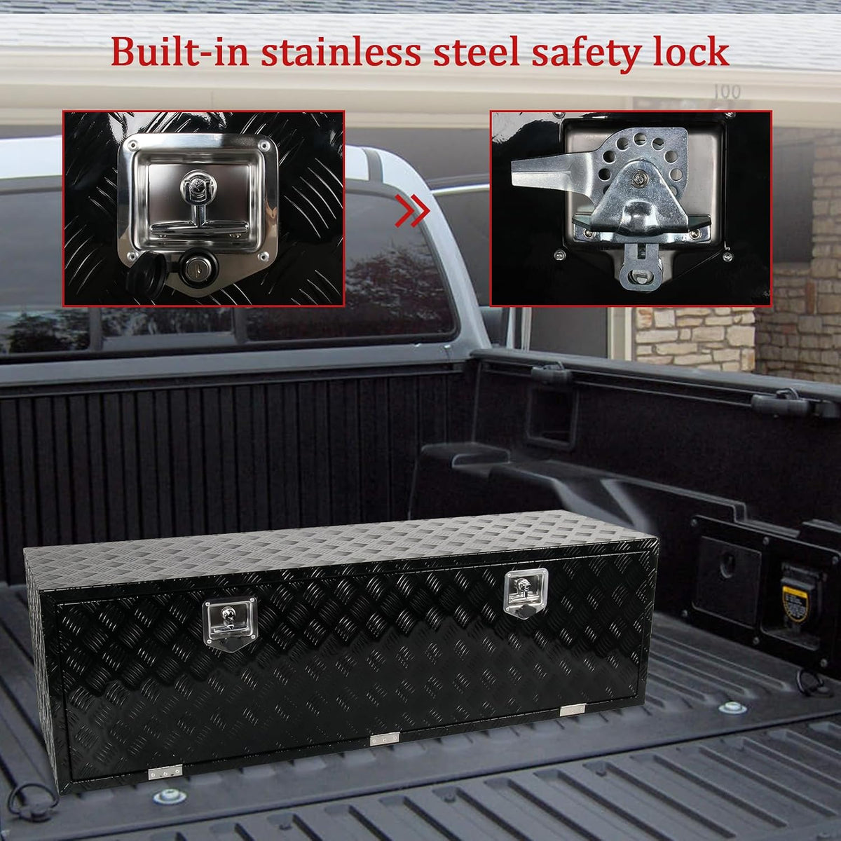 60'' inch aluminum underbody truck box with t-handle on a desk or shelf