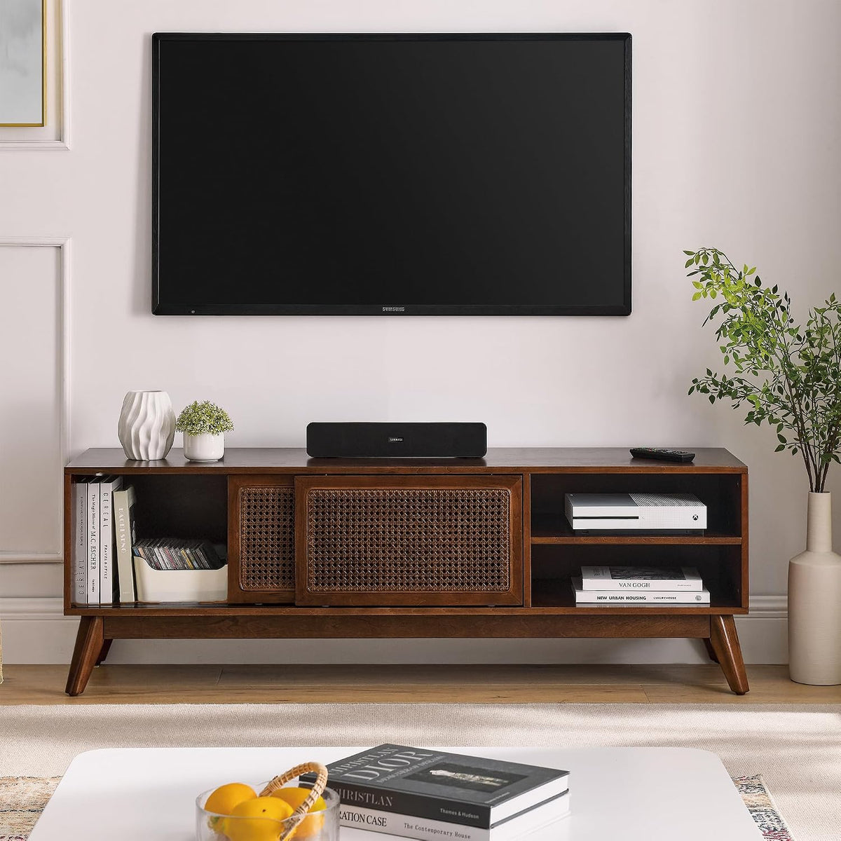 LKTART 59" Rattan Mid Century TV Stand,Entertainment Center,Media Console