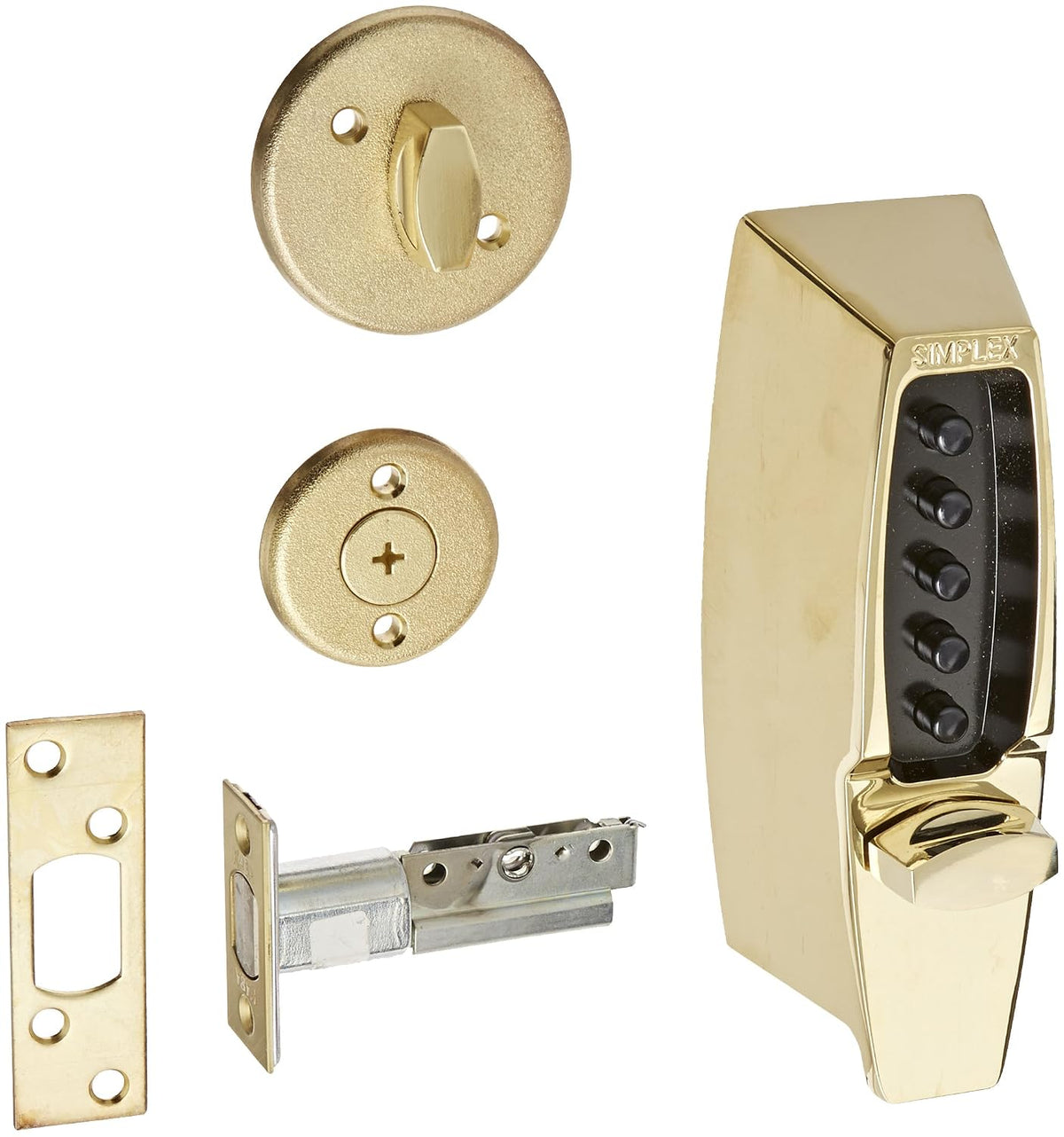 Simplex 710803 Kaba 7100 Series Metal Mechanical Pushbutton Auxiliary Lock with Thumbturn, 25mm Tubular Deadbolt, Flat Front Face Plate, 60mm Backset, Bright Brass Finish