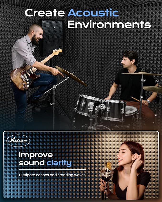 Sonicism Soundproof Wall Panels Self-Adhesive Pyramid 48 Pack, Sound Absorption