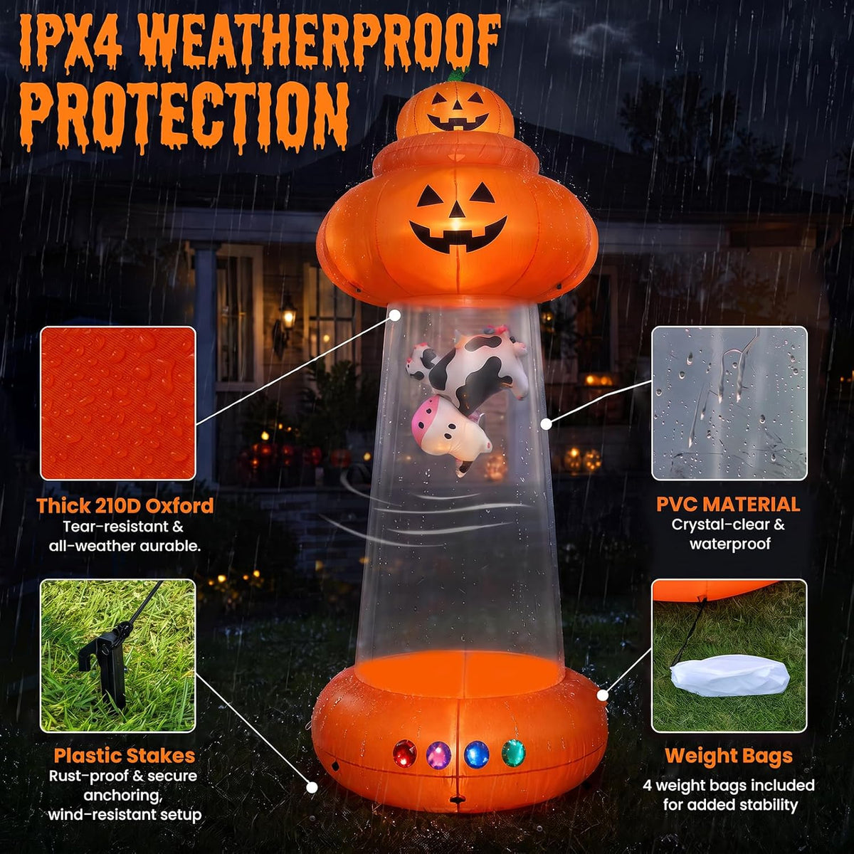 9 FT Halloween Inflatable Pumpkin, UFO Unique Alien Cow Abduction Design