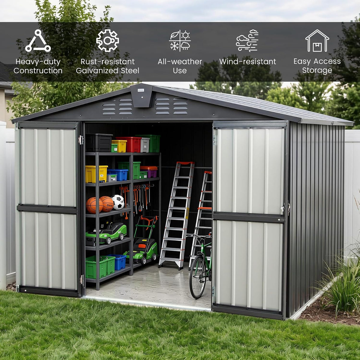 domi 8x6 ft outdoor storage shed,large metal tool on a desk or shelf
