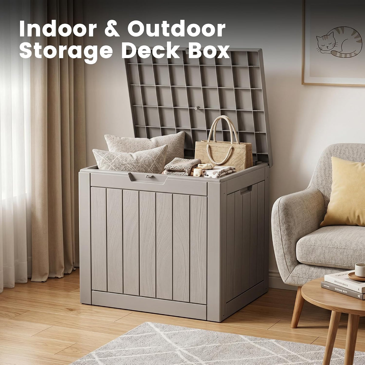 30 Gallon Outdoor Storage Box, Waterproof Resin Deck Box with Side Handles, Lockable Outdoor Bench for Indoor & Outdoor Use, Storage Bin for Patio Cushions, Garden Tools