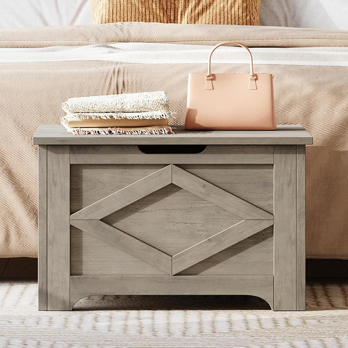 garveehome 23.6 in storage chest, wooden storage bench showing dimensions