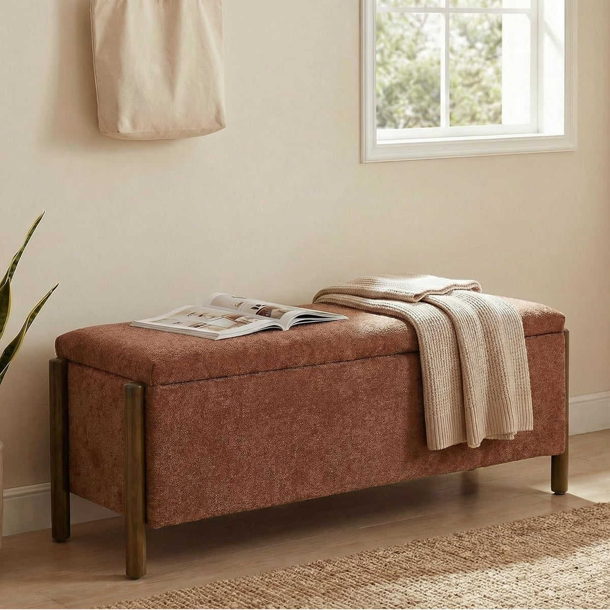 Usaint 47" Fabric Upholstered End of Bed Storage Ottoman Bench, Rusty