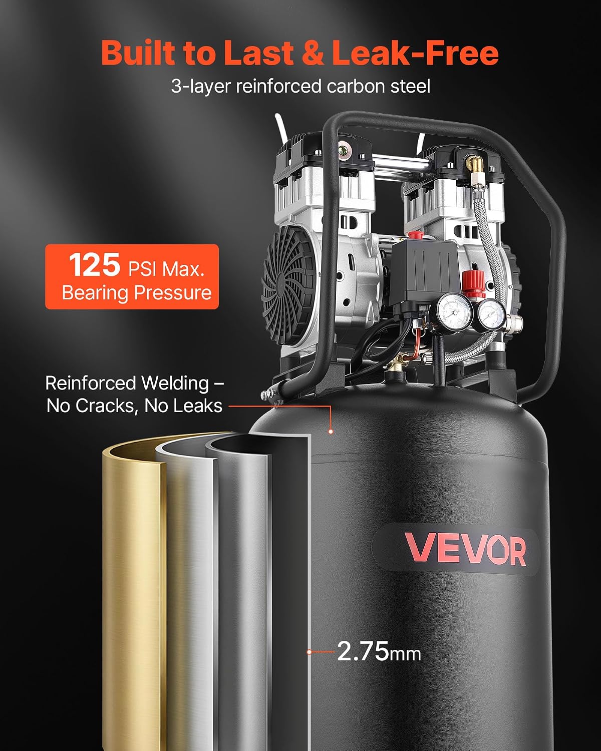 VEVOR 20-Gallon Air Compressor, 2HP 4.5 SCFM at 90PSI, Max 125PSI Pressure Oil-Free Air Compressor Tank, Portable on Wheels for Auto Repair, Tire Inflation, Spray Painting, Woodwork Nailing, 120V