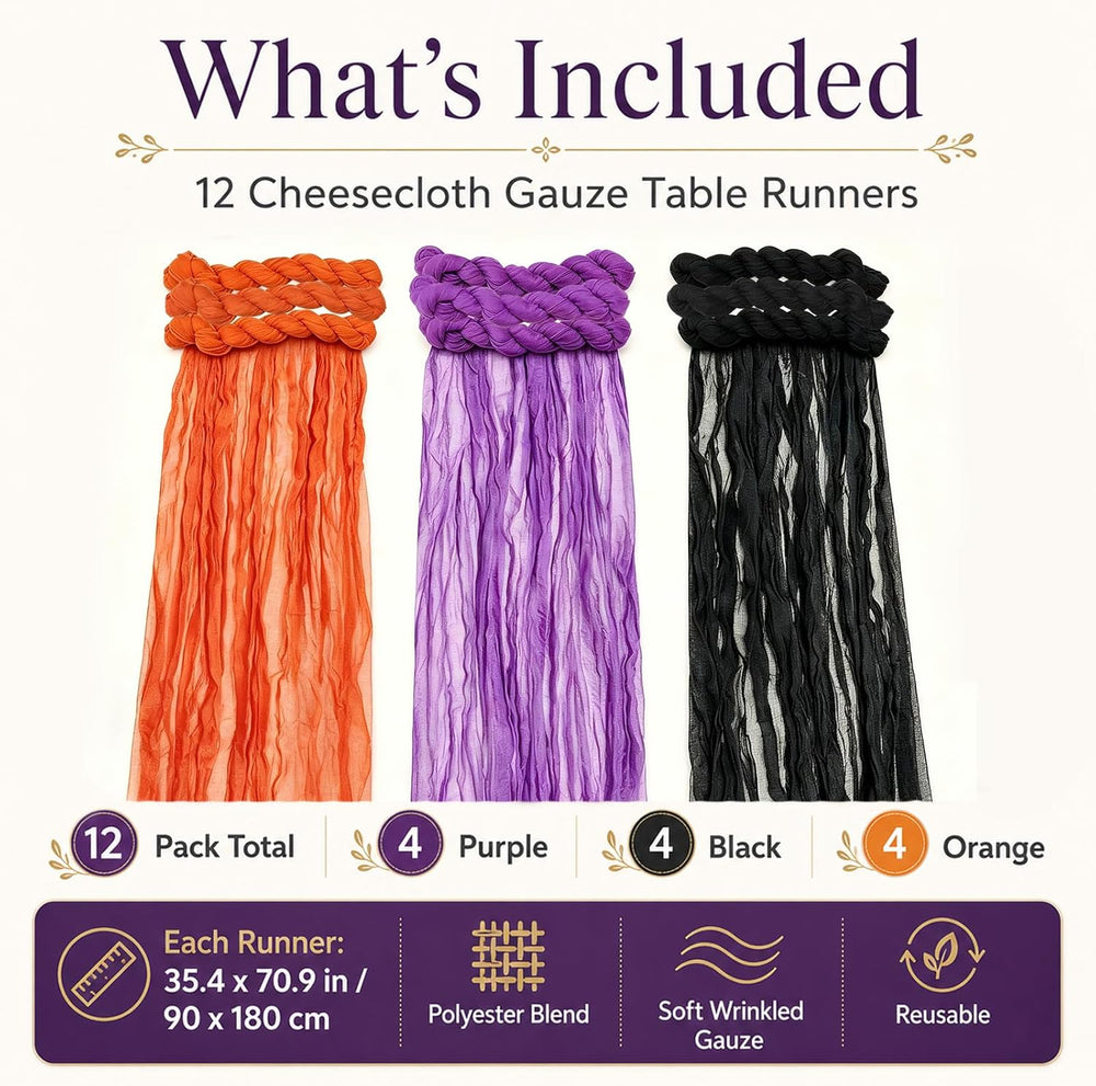 12 Pack Halloween Cheesecloth Gauze Table Runner Black & Orange Table Run...