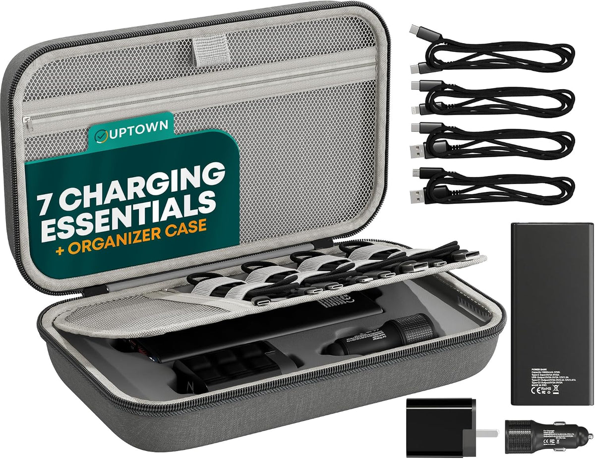 Uptown 7- Piece Travel Charging Tech Bundle – 10, 000mAh Portable Charger