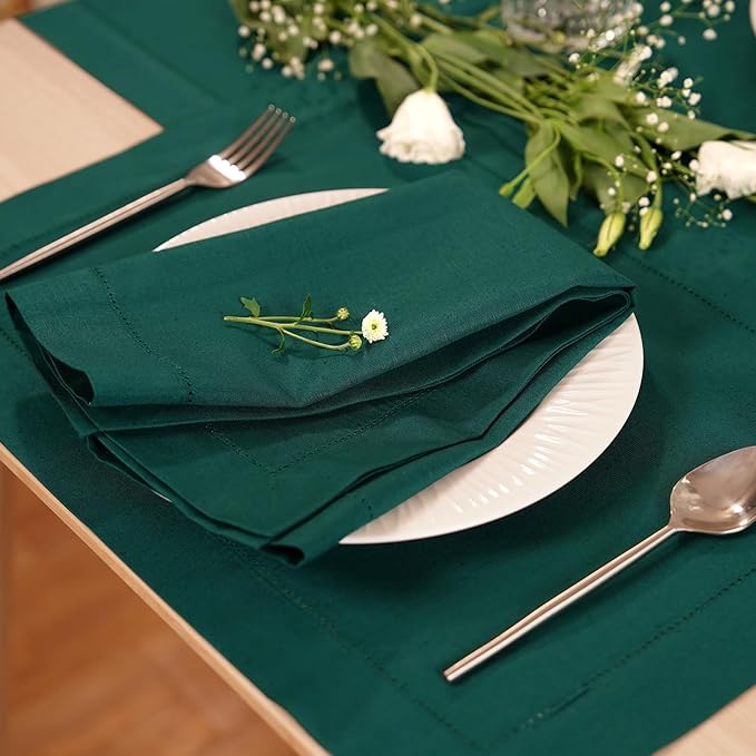 Green Cotton Linen Napkins Set of 4 – Hemstitch Cloth Napkins 20x20 Inch – Washable Fabric Dinner Napkins for Fall, Halloween, Thanksgiving, Everyday Dining & Décor – Serena