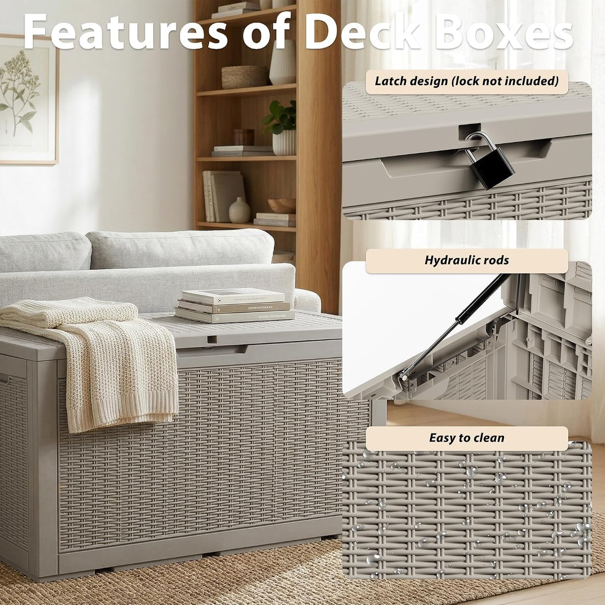 155gal outdoor storage box, lockable grey deck box showing dimensions