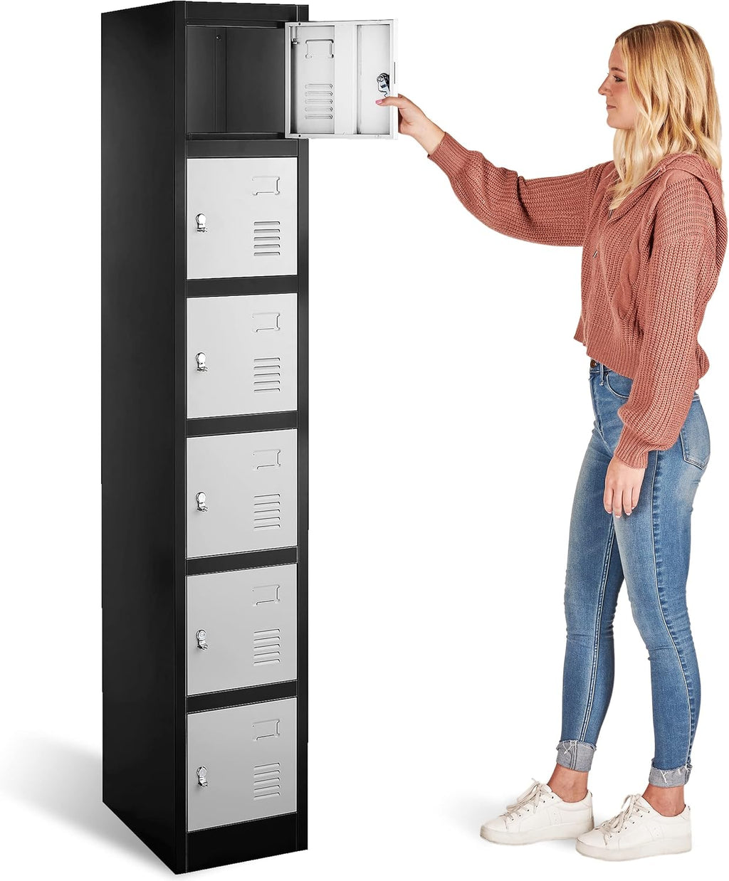 Locker Storage Cabinet - 6 Metal Wall Lockers for School, Gym, Home, Office Employee Lock Box, 71 Inches High - Black/Grey