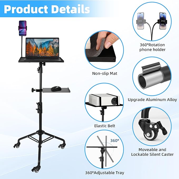 STEADUS Projector Stand Tripod – 24 to 59 Inch Adjustable Height – Dual Shelves