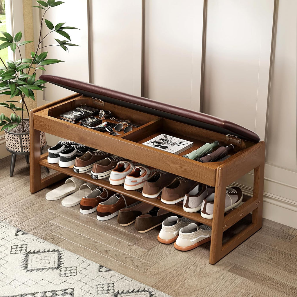 Shoe Rack Bench with Hidden Storage, 2‑Tier Solid Rubberwood Entryway Bench