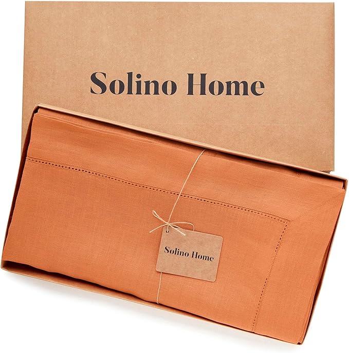 Solino Home Linen Tablecloth 60 x 156 Inch - Classic Hemstitch 100% Pure Linen Pumpkin Table Cloth for Rectangle Tables - Machine Washable Tablecloth for Fall, Autumn, Halloween, Thanksgiving