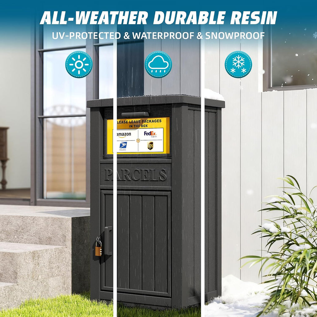 Package Delivery Box with Sign, Lockable & Weatherproof Anti-Theft Parcel Delivery Box for Porch, Curbside, Patio，Black