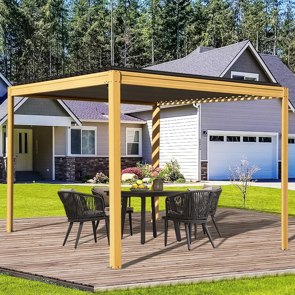 Domi Aluminum Louvered Pergola 10x10, Outdoor Metal Pergola, Wood Looking