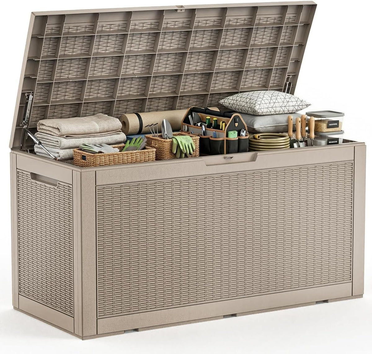170 Gallon Resin Deck Box, Lockable Waterproof UV‑Resistant Outdoor Storage Outside Bench for Patio Porch, Pool Floats, Garden Tools & Cushions, Grey