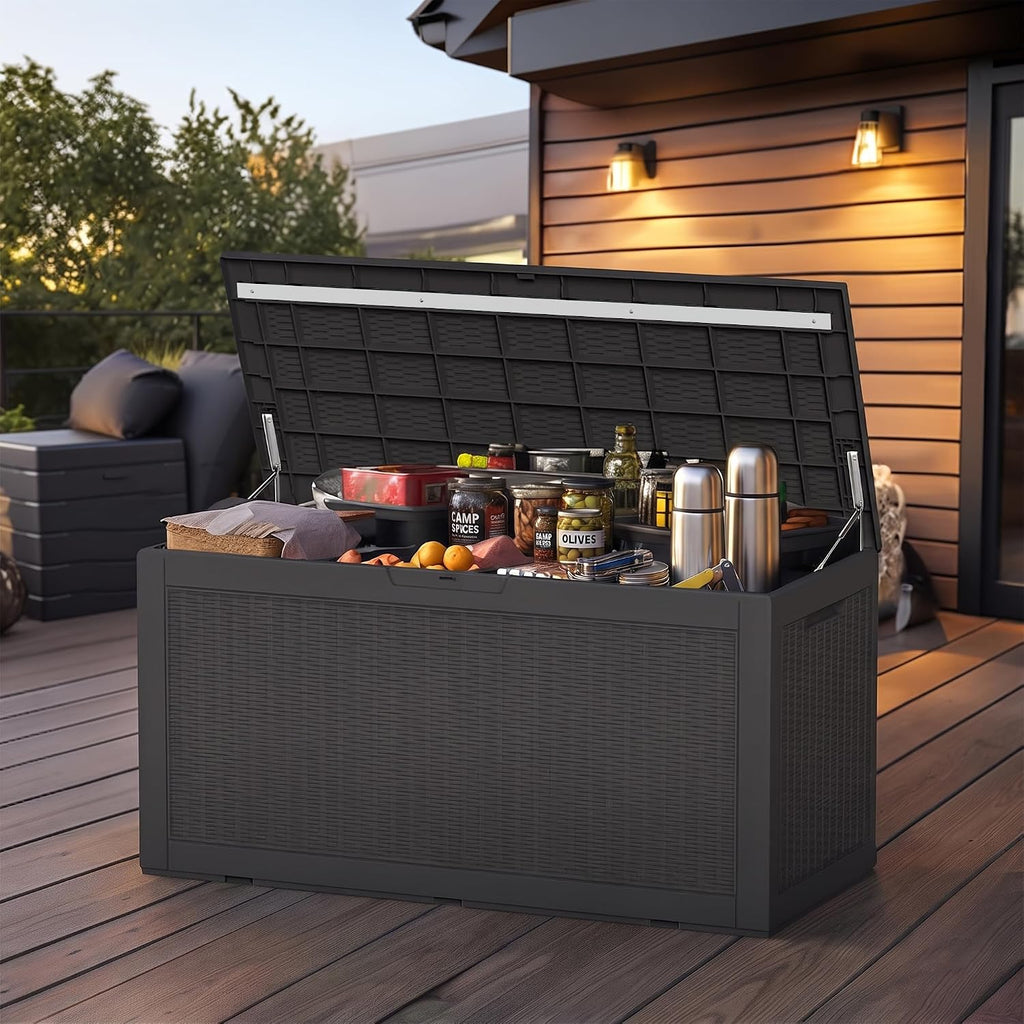 120 gallon outdoor deck box, lockable waterproof outdoor on a desk or shelf