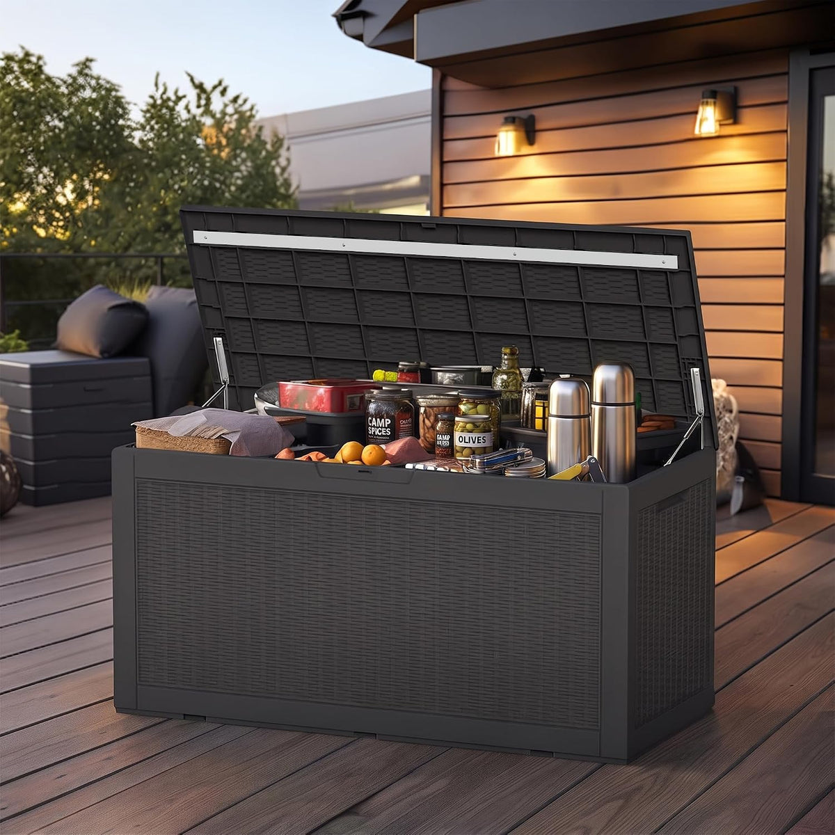 120 gallon outdoor deck box, lockable waterproof outdoor on a desk or shelf