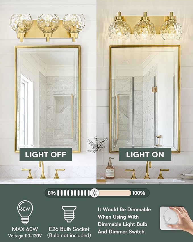 METWET Bathroom Light Fixtures Over Mirror, 3-Light Brushed Gold Vanity Light