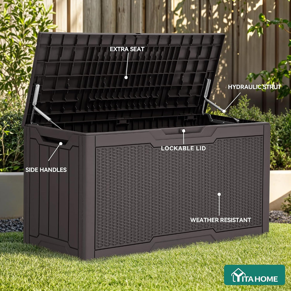 yitahome 80 gallon resin deck box showing dimensions