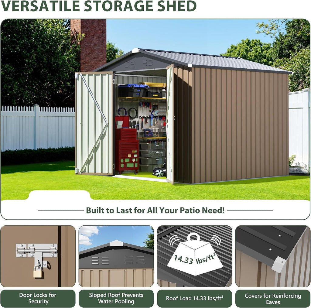 jummico 8x8 ft outdoor storage shed, tool metal, side view