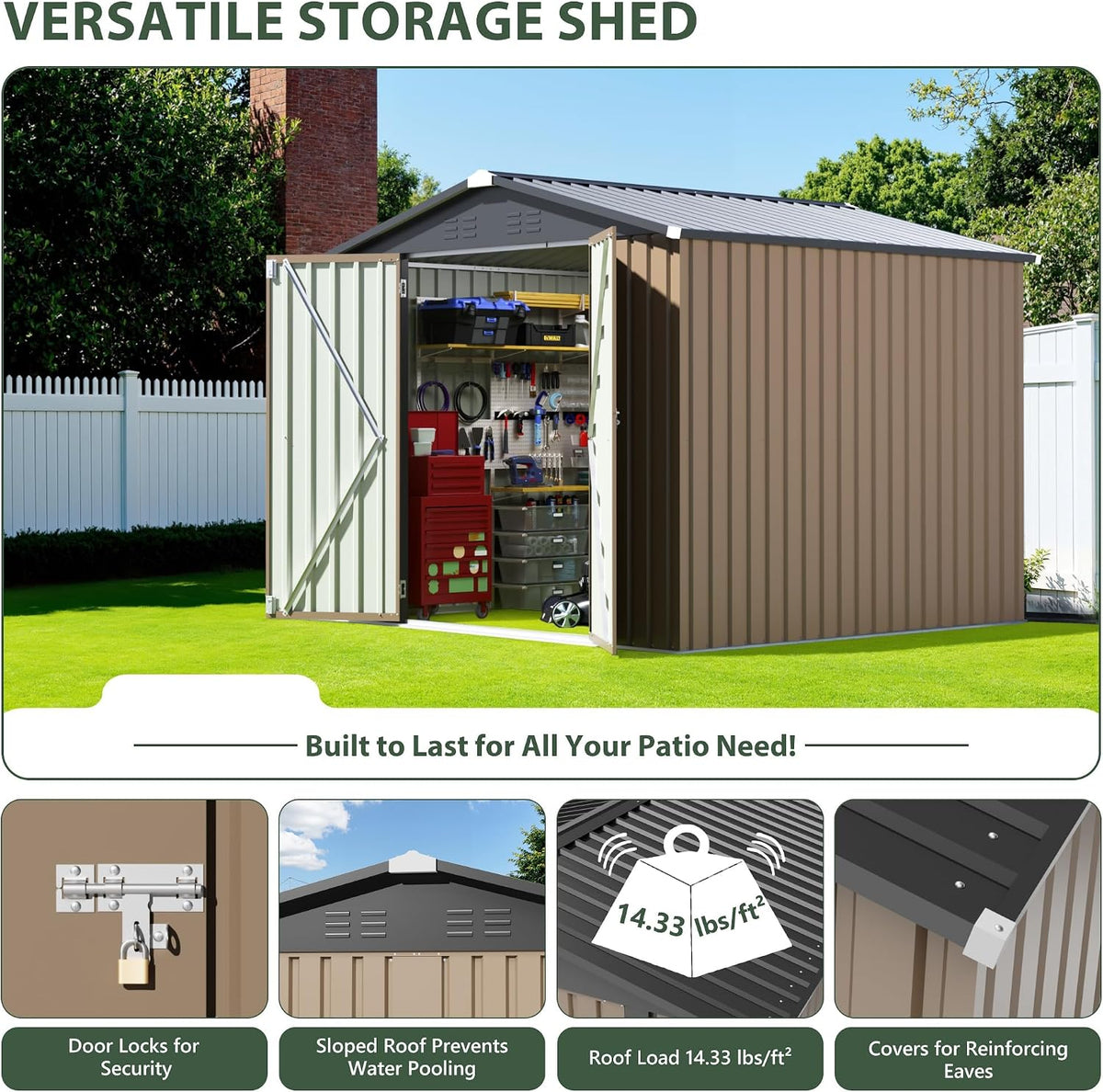 jummico 8x8 ft outdoor storage shed, tool metal, side view