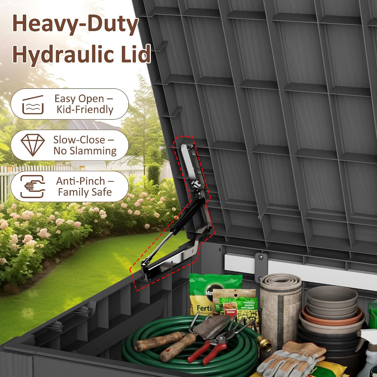 260 gallon large resin deck box, heavy duty, close-up detail