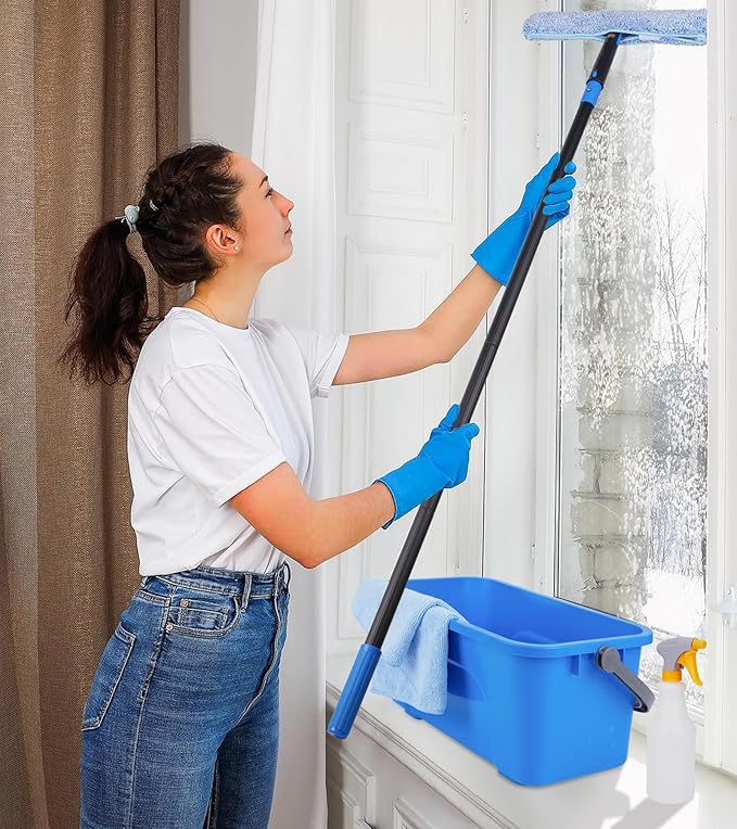 Window Cleaning Kit with Storage Bucket, Window Squeegee with 4.13ft Extension