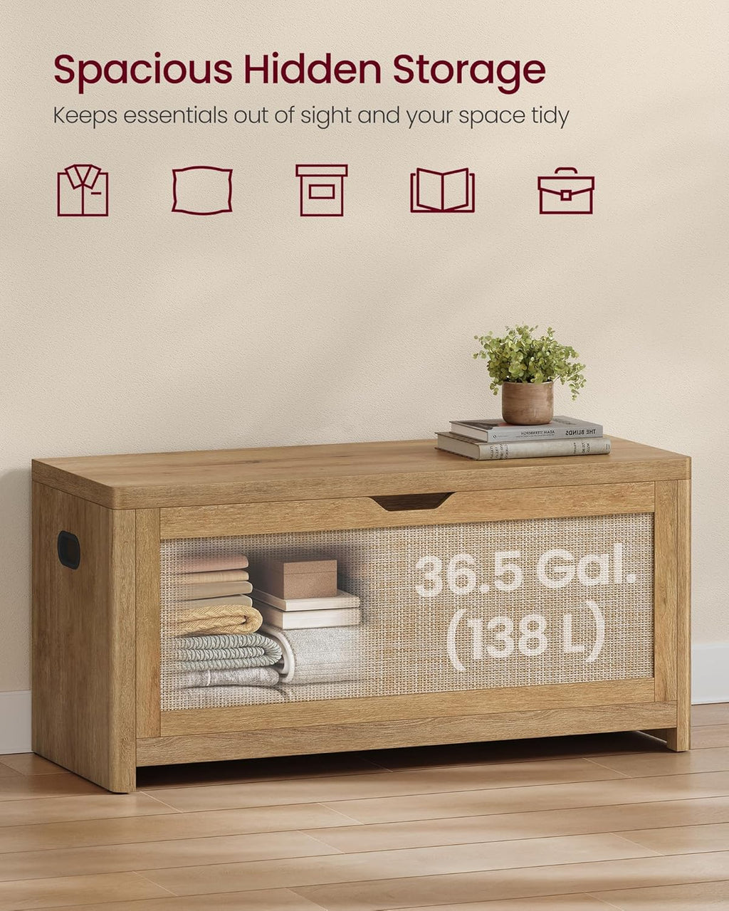 vasagle boho storage bench with rattan look, rounded showing dimensions