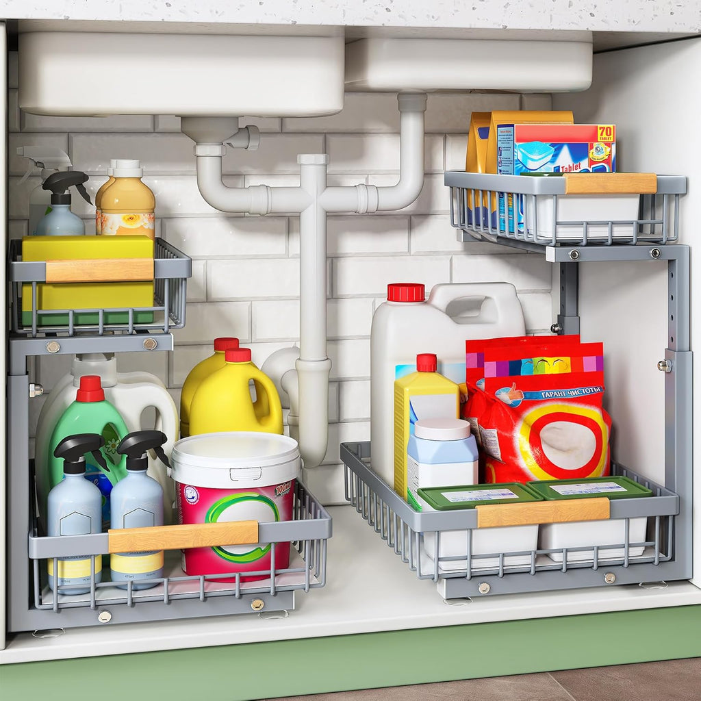 Kitstorack Under Sink Organizer, 2 Packs 2 Tier Under Sink Organizers and
