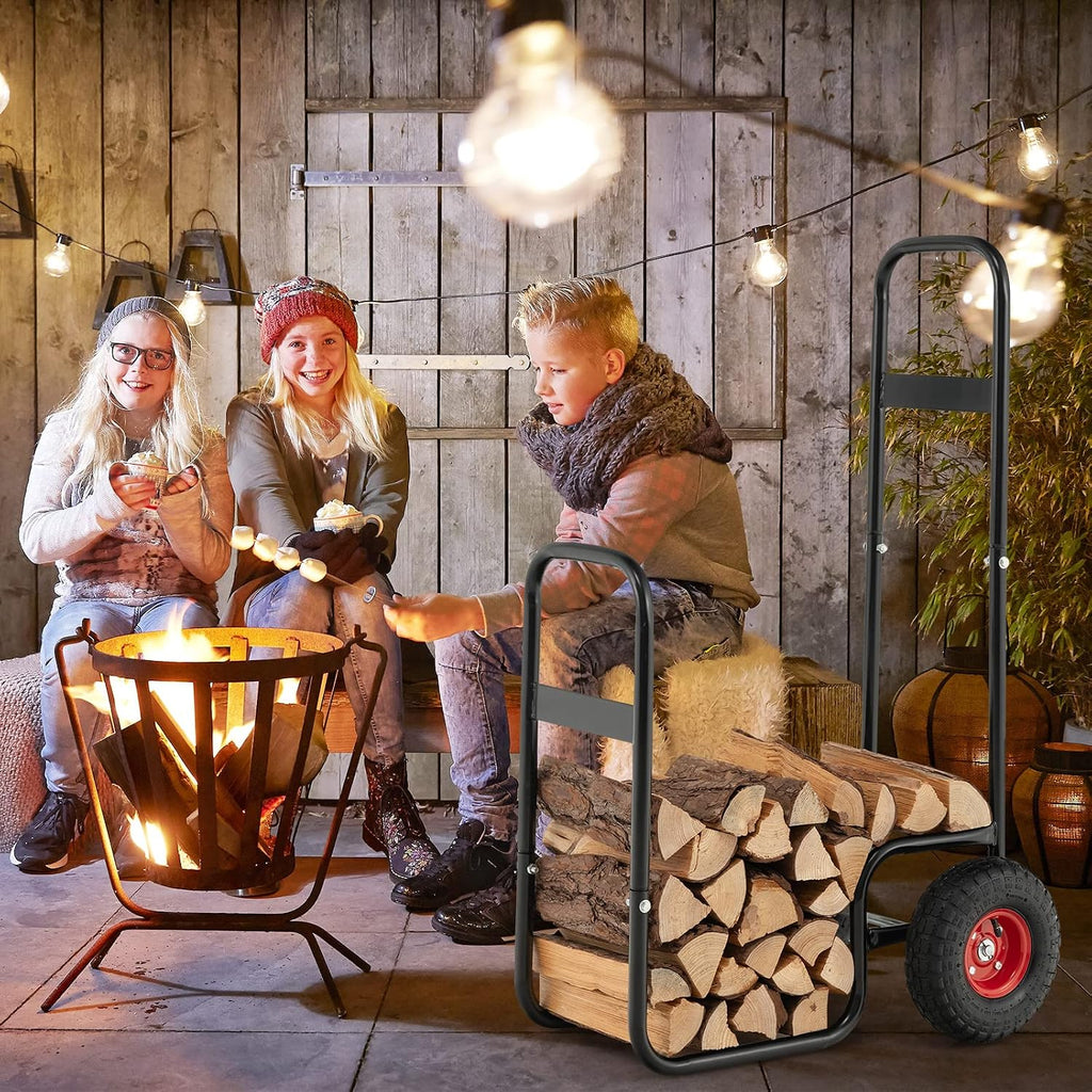 happygrill firewood cart with wheels, rolling fire wood, close-up detail
