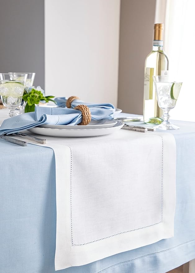 Solino Home Linen White Table Runner 132 Inches Long - 100% Pure Linen Extra Long Table Runner 14 x 132 Inch for Fall, Autumn, Halloween, Thanksgiving, Holiday - Classic Hemstitch
