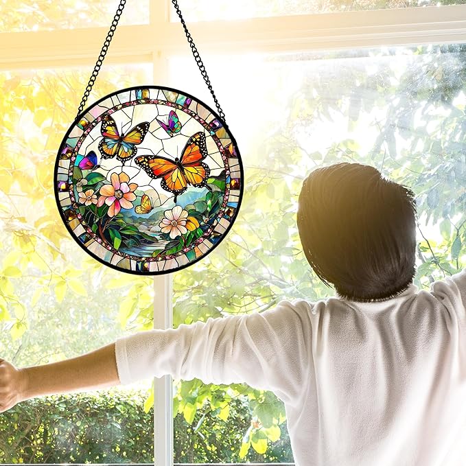 DASTOLL Stained Glass Window Hanging, Butterflies Flying in The Sky Suncatcher