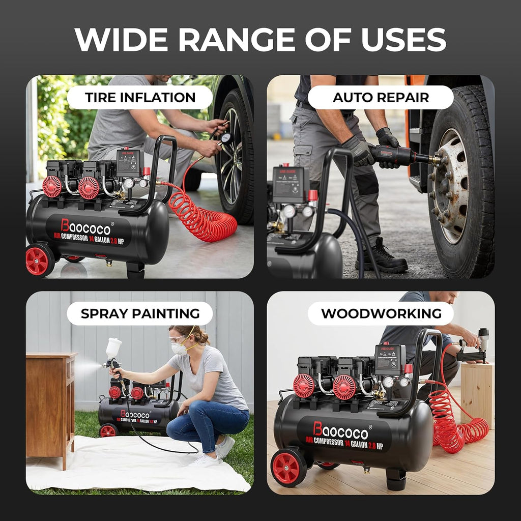 14Gallon Ultra Quiet Air Compressor with Two Quick Couplers 2.8HP