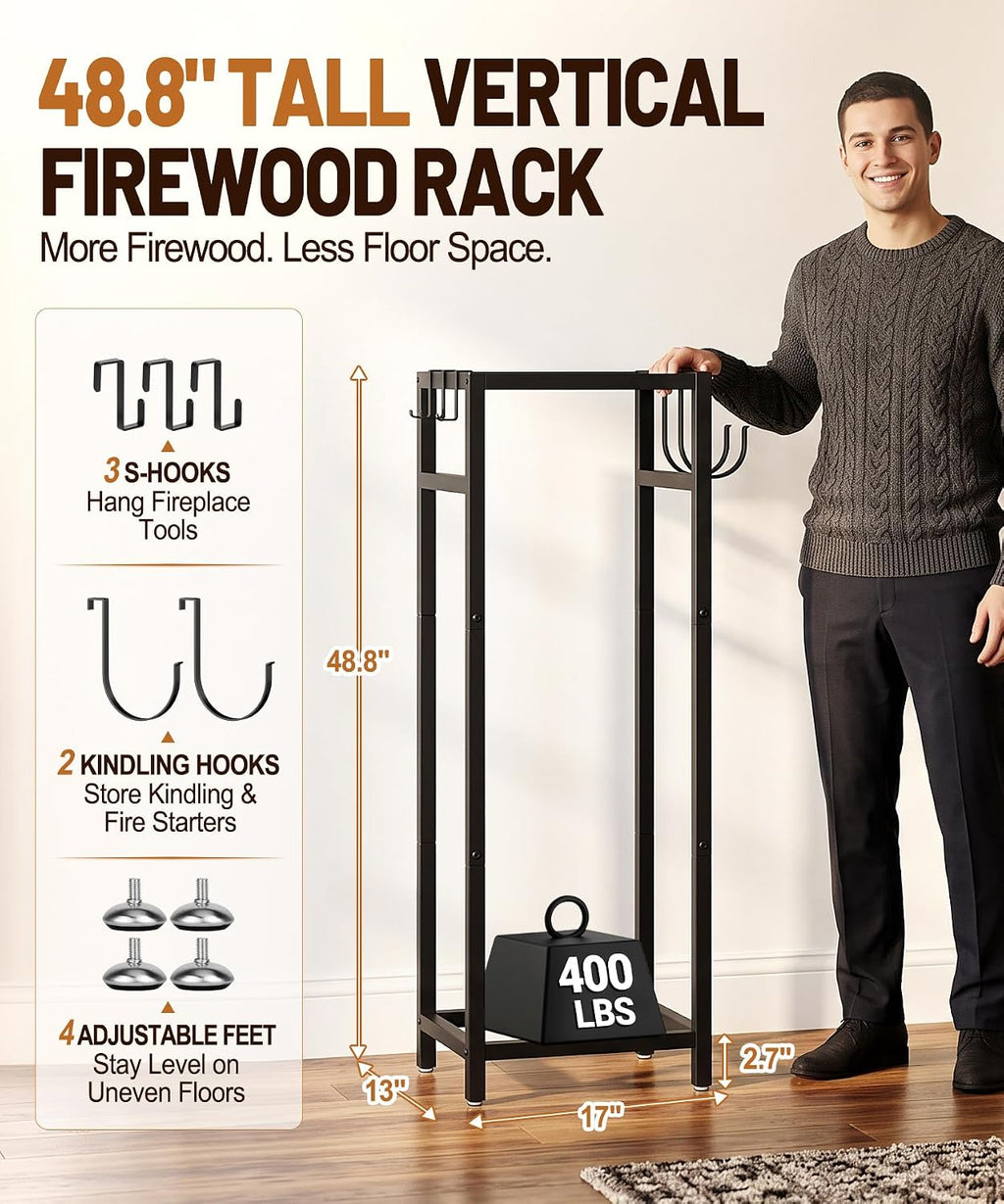 48.8in firewood rack indoor outdoor with hooks –, close-up detail