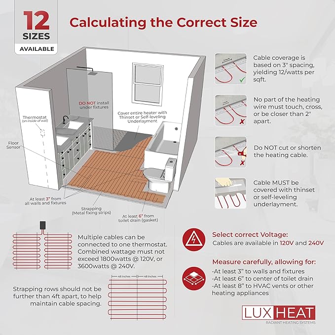 LuxHeat 70sqft Floor Heating Cable Kit - 240v In Floor Electric Heater Kit -