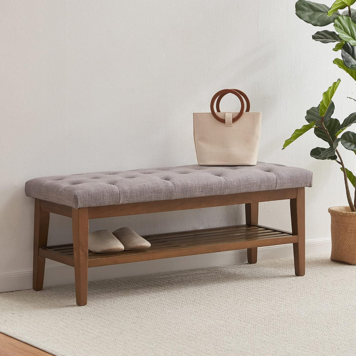 HUIMO Upholstered Entryway Shoe Bench, Button Tufted End of Bed Bench, Grey