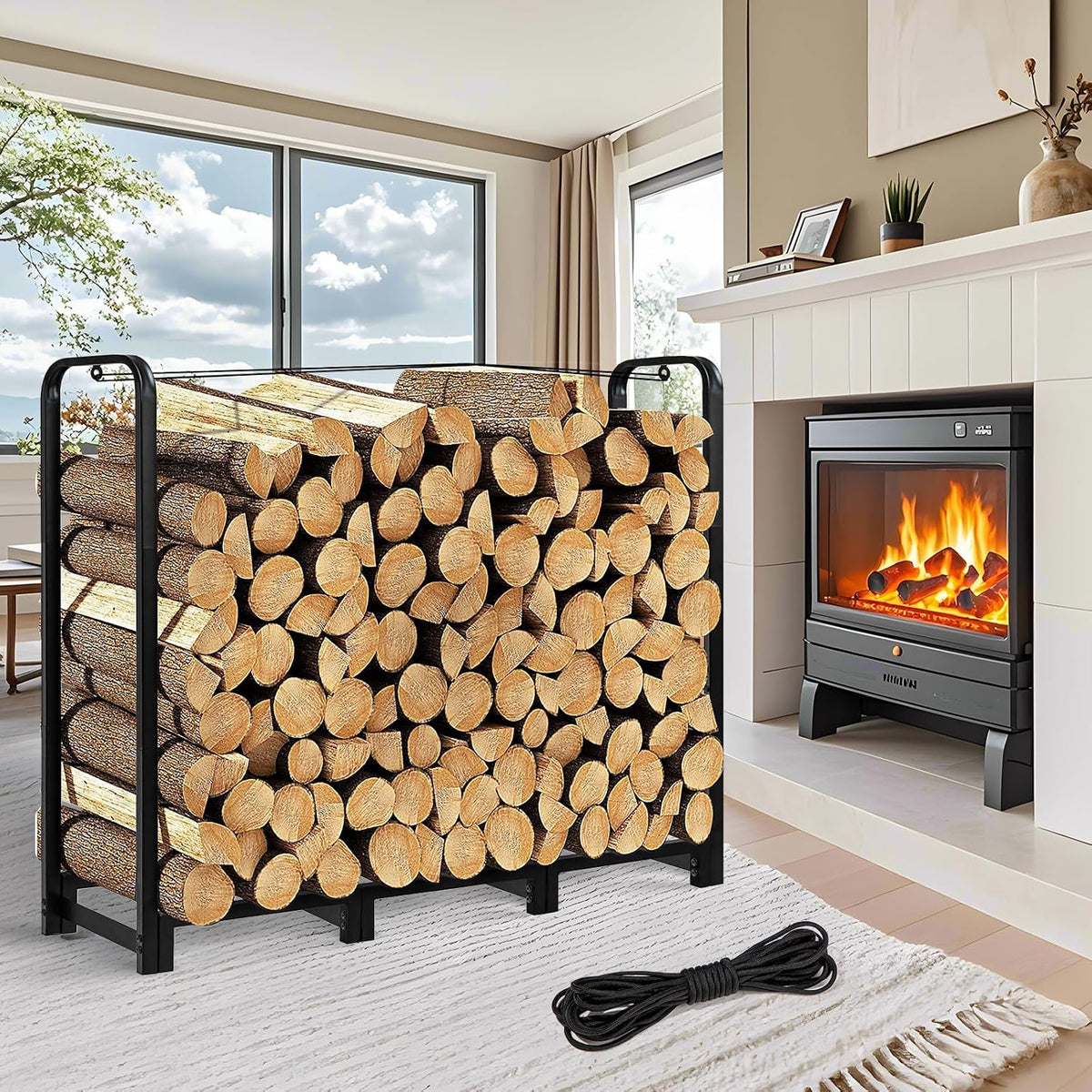 firewood rack with log carrier, 4ft outdoor wood, side view