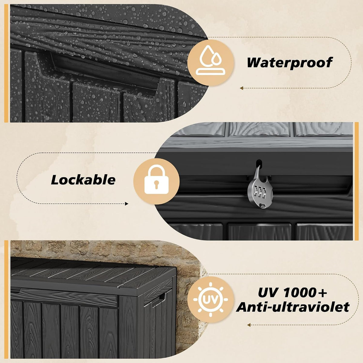 fancyango 110 gallon waterproof deck box, resin outdoor, package contents