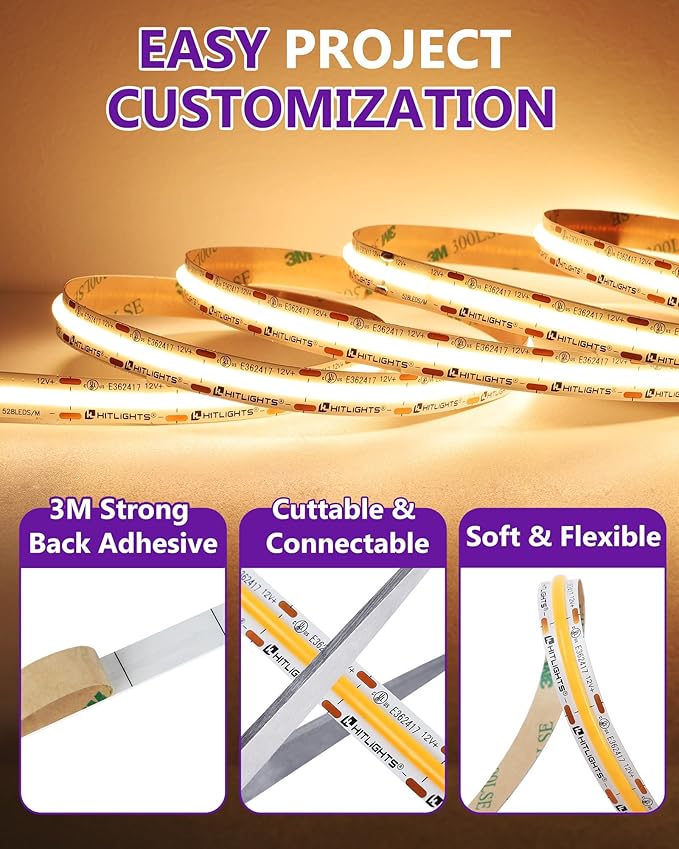 HitLights COB LED Strip Lights Warm White, 12V Tape Light 2700K 16.4ft