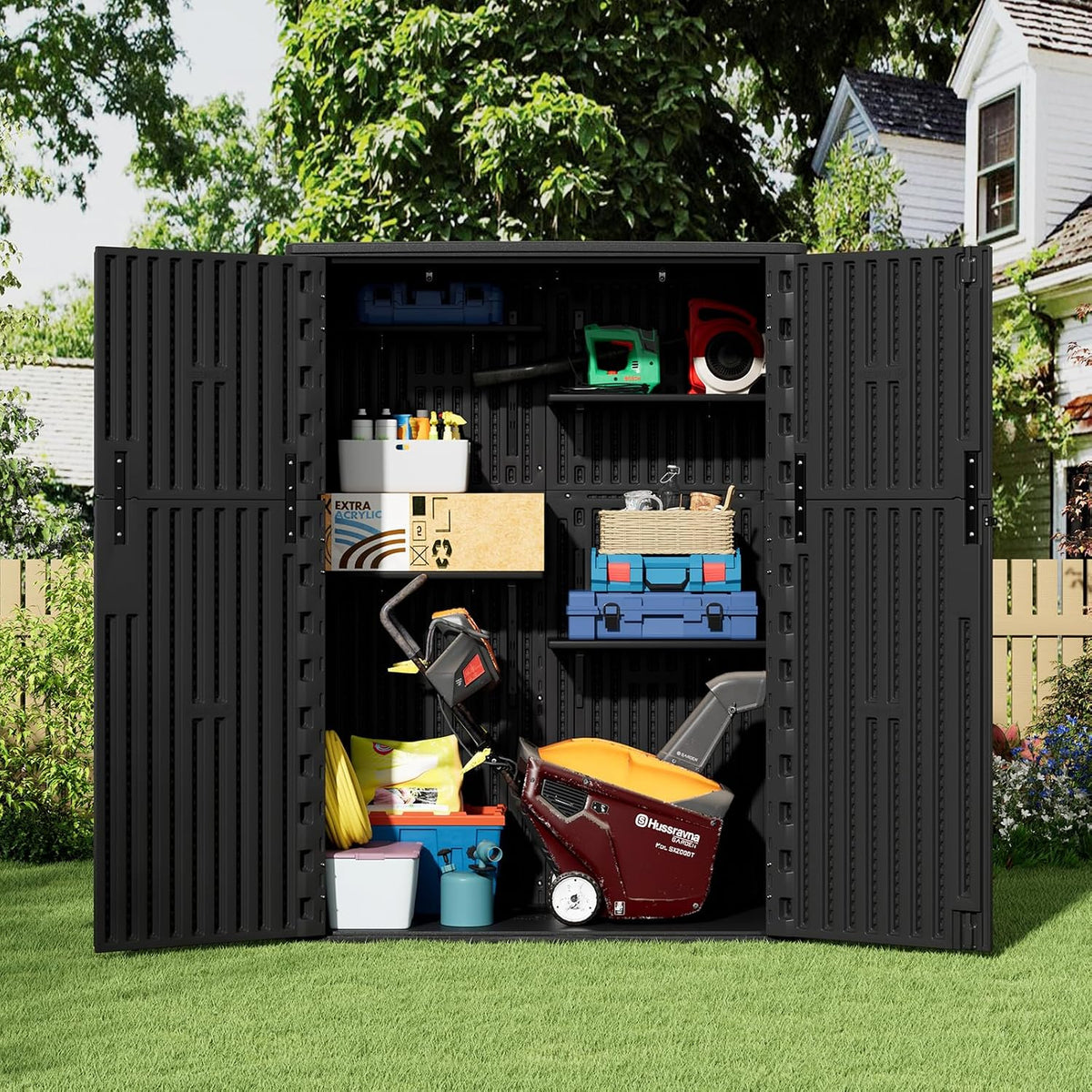 zzm 57 cu.ft outdoor storage shed hdpe storage shown in use