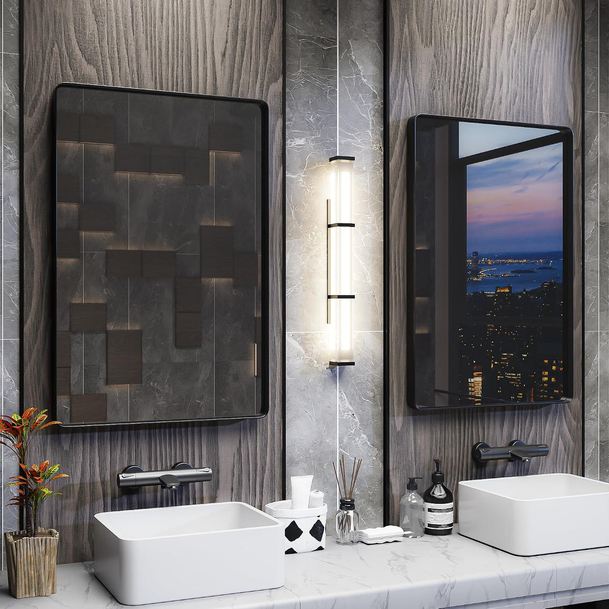 ISKM Wall Mounted Mirror 20x16, Black Framed Bathroom Mirror, Round Corner