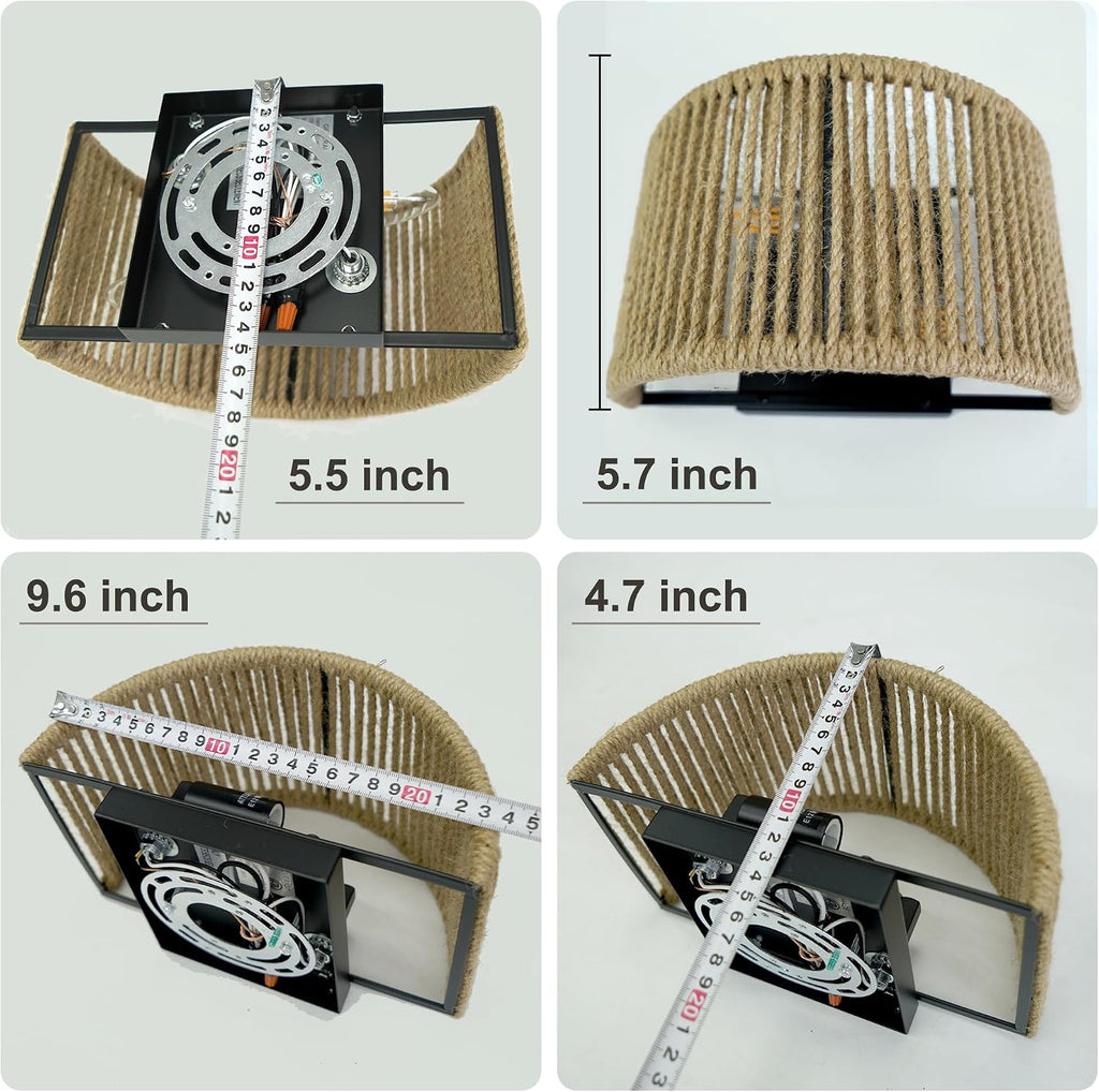 Rattan Wall Sconce Boho Wall Light Fixture for Bedroom, Hallway, Entryway | Wall Rattan Light Fixture Bohemian Woven Scocne Hemp Rope Sconce Lighting, Dia 9.7 Inch, Semi-Circular Shape, Coastal Style