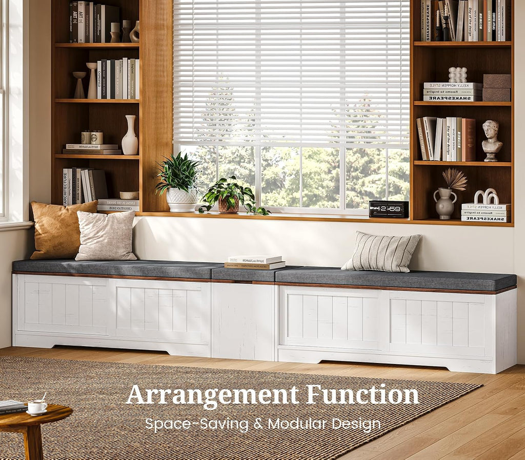 UPOSOJA Farmhouse L Shaped Breakfast Nook Bench, White-Brown