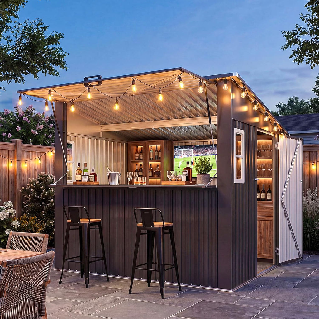 Aoxun 8x7 FT Outdoor Bar Shed with Canopy with 50 FT Solar Sting Lights